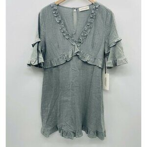 Coverstitched Womens Small Short Sleeve Ruffle V Neck Casual Shift Dress Green